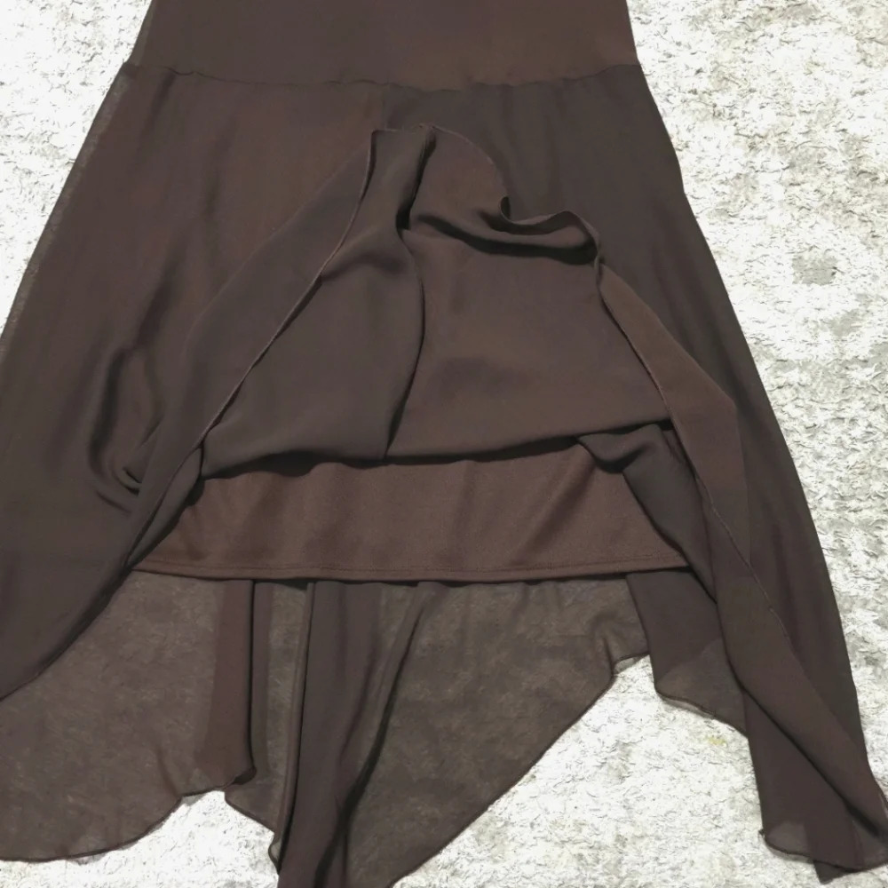EN FOCUS Chocolate Brown Chiffon Y2k Midi Dress, Handkerchief Hem, Lined, 14 - Picture 9 of 14